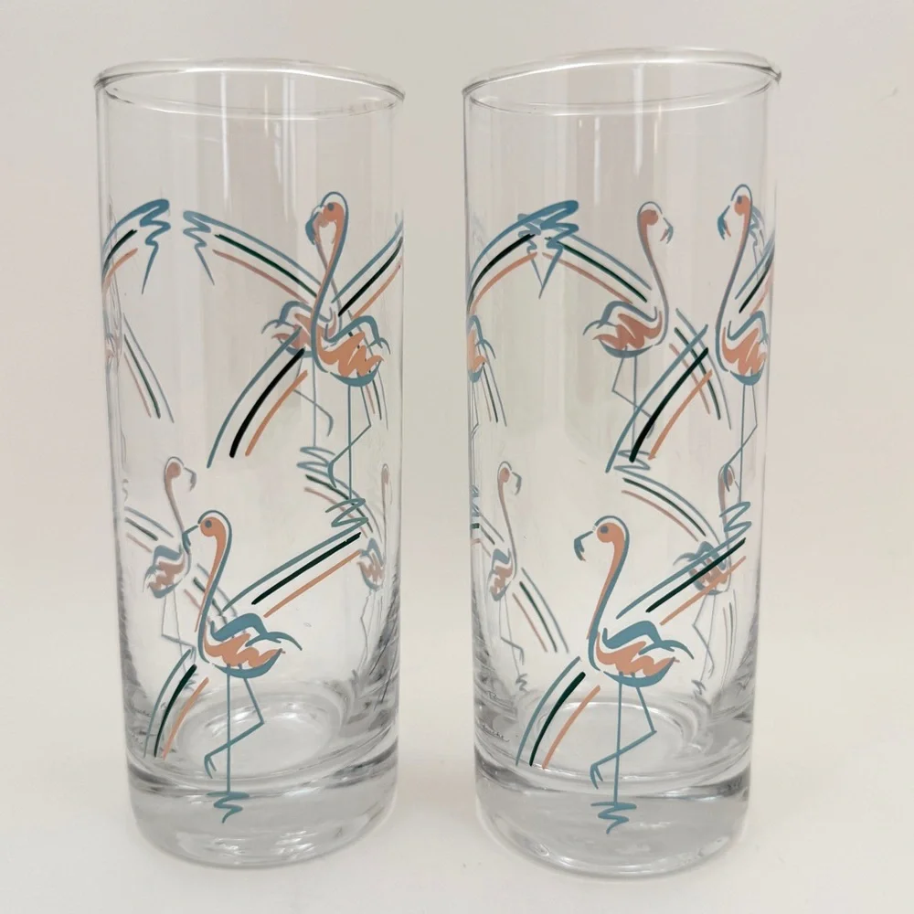 Vintage MCM 1960s Panache Flamingo Tumbler Highball Bar Glasses Set of 2